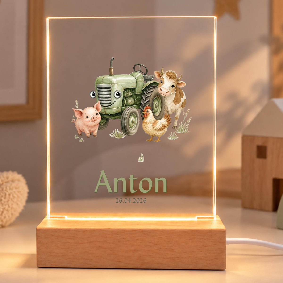 Personalisiertes Nachtlicht rechteckig, Traktor und Bauernhoftiere, LED Acryl mit Holzsockel, Kinderzimmer, Geschenk Geburt Taufe Geburtstag