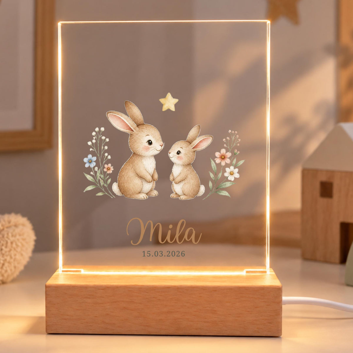 Personalisiertes Nachtlicht rechteckig, Hasen mit Blumen, LED Acryl mit Holzsockel, Kinderzimmer, Geschenk Geburt Taufe Geburtstag