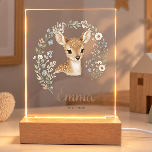 Personalisiertes Nachtlicht rechteckig, Rehkitz mit Blumen, LED Acryl mit Holzsockel, Kinderzimmer, Geschenk Geburt Taufe Geburtstag