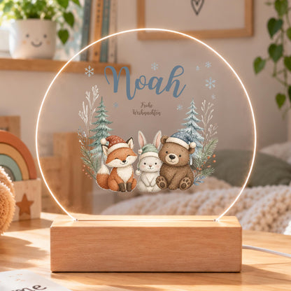 Personalisiertes Nachtlicht rund, Winterwaldtiere, LED Acryl mit Holzsockel, Kinderzimmer, Weihnachtsgeschenk für Kinder