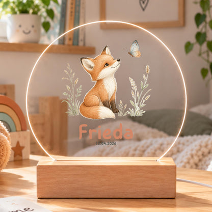 Personalisiertes Nachtlicht rund, Fuchs mit Blumen, LED Acryl mit Holzsockel, Kinderzimmer, Geschenk Geburt Taufe Geburtstag