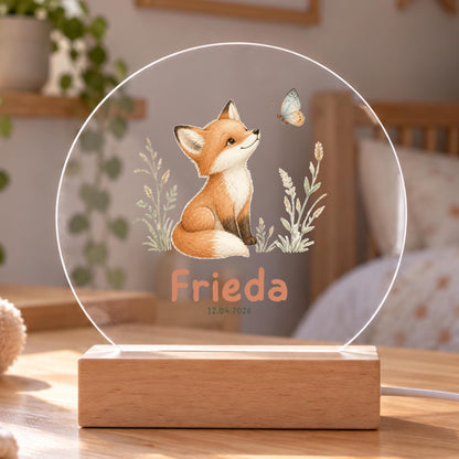 Personalisiertes Nachtlicht rund, Fuchs mit Blumen, LED Acryl mit Holzsockel, Kinderzimmer, Geschenk Geburt Taufe Geburtstag