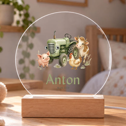 Personalisiertes Nachtlicht rund, Traktor und Bauernhoftiere, LED Acryl mit Holzsockel, Kinderzimmer, Geschenk Geburt Taufe Geburtstag