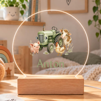 Personalisiertes Nachtlicht rund, Traktor und Bauernhoftiere, LED Acryl mit Holzsockel, Kinderzimmer, Geschenk Geburt Taufe Geburtstag