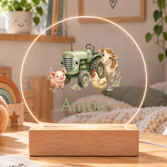 Personalisiertes Nachtlicht rund, Traktor und Bauernhoftiere, LED Acryl mit Holzsockel, Kinderzimmer, Geschenk Geburt Taufe Geburtstag