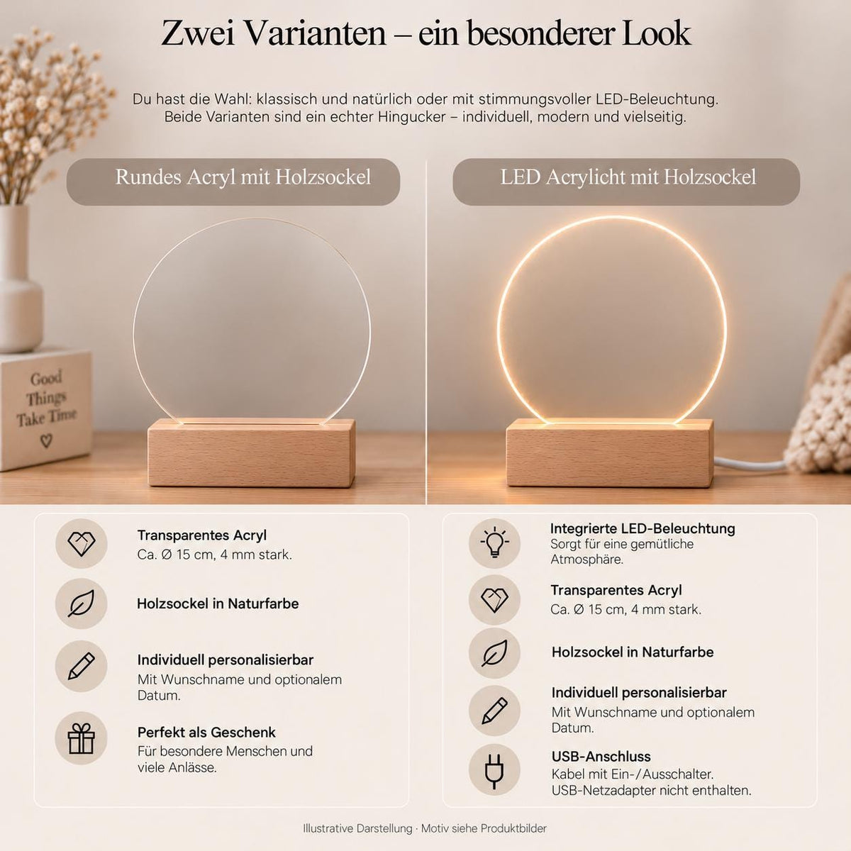 Personalisiertes Nachtlicht rund, Hasen mit Blumen, LED Acryl mit Holzsockel, Kinderzimmer, Geschenk Geburt Taufe Geburtstag
