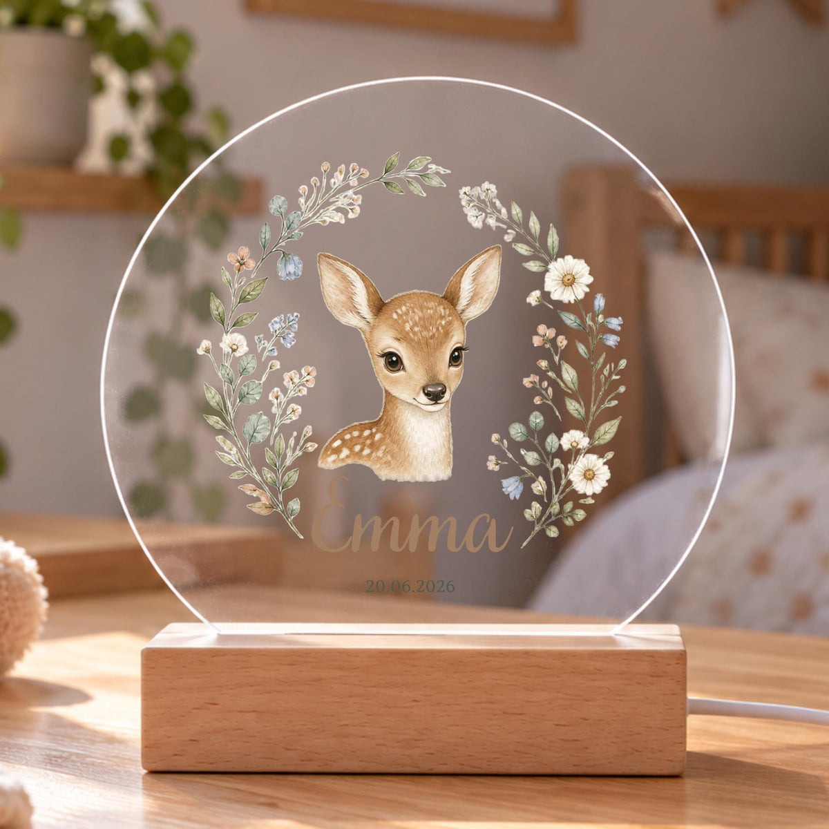 Personalisiertes Nachtlicht rund, Rehkitz mit Blumen, LED Acryl mit Holzsockel, Kinderzimmer, Geschenk Geburt Taufe Geburtstag
