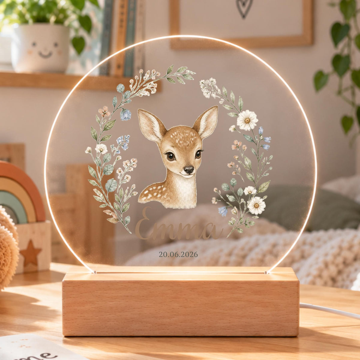 Personalisiertes Nachtlicht rund, Rehkitz mit Blumen, LED Acryl mit Holzsockel, Kinderzimmer, Geschenk Geburt Taufe Geburtstag