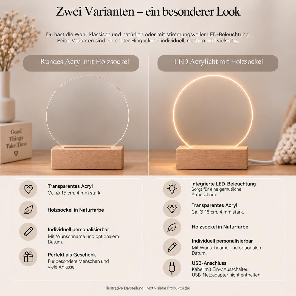 Personalisiertes Nachtlicht rund, Bär im Papierboot, LED Acryl mit Holzsockel, Kinderzimmer, Geschenk Geburt Taufe Geburtstag
