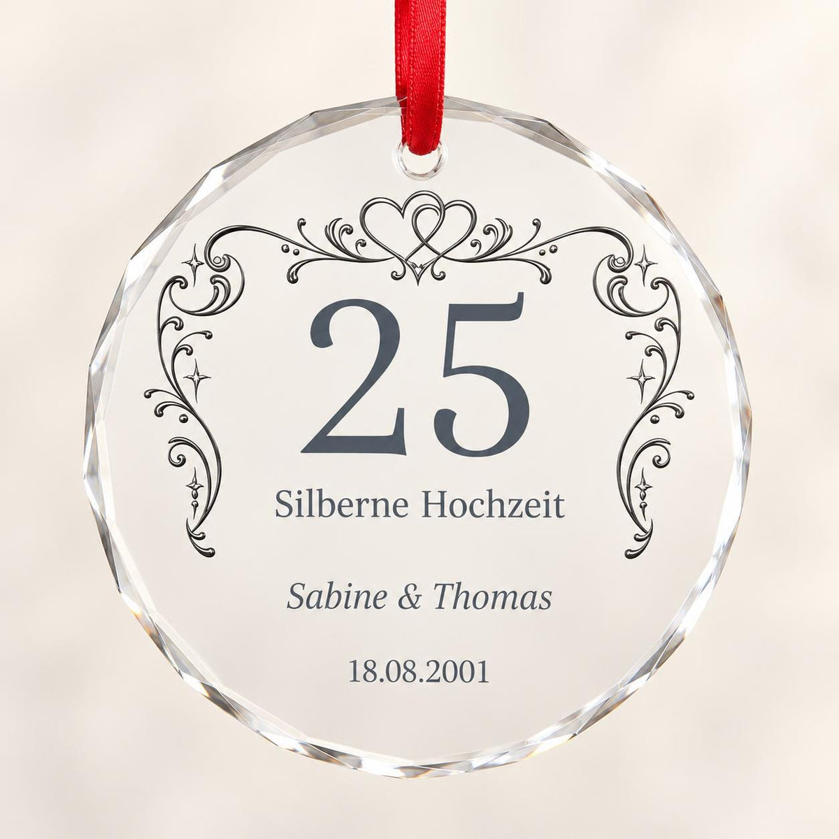 Silberhochzeit Glasornament personalisiert mit Namen und Datum – Geschenk zum 25. Hochzeitstag für Eltern, Ehepaar, Weihnachtsanhänger