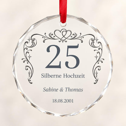 Silberhochzeit Glasornament personalisiert mit Namen und Datum – Geschenk zum 25. Hochzeitstag für Eltern, Ehepaar, Weihnachtsanhänger