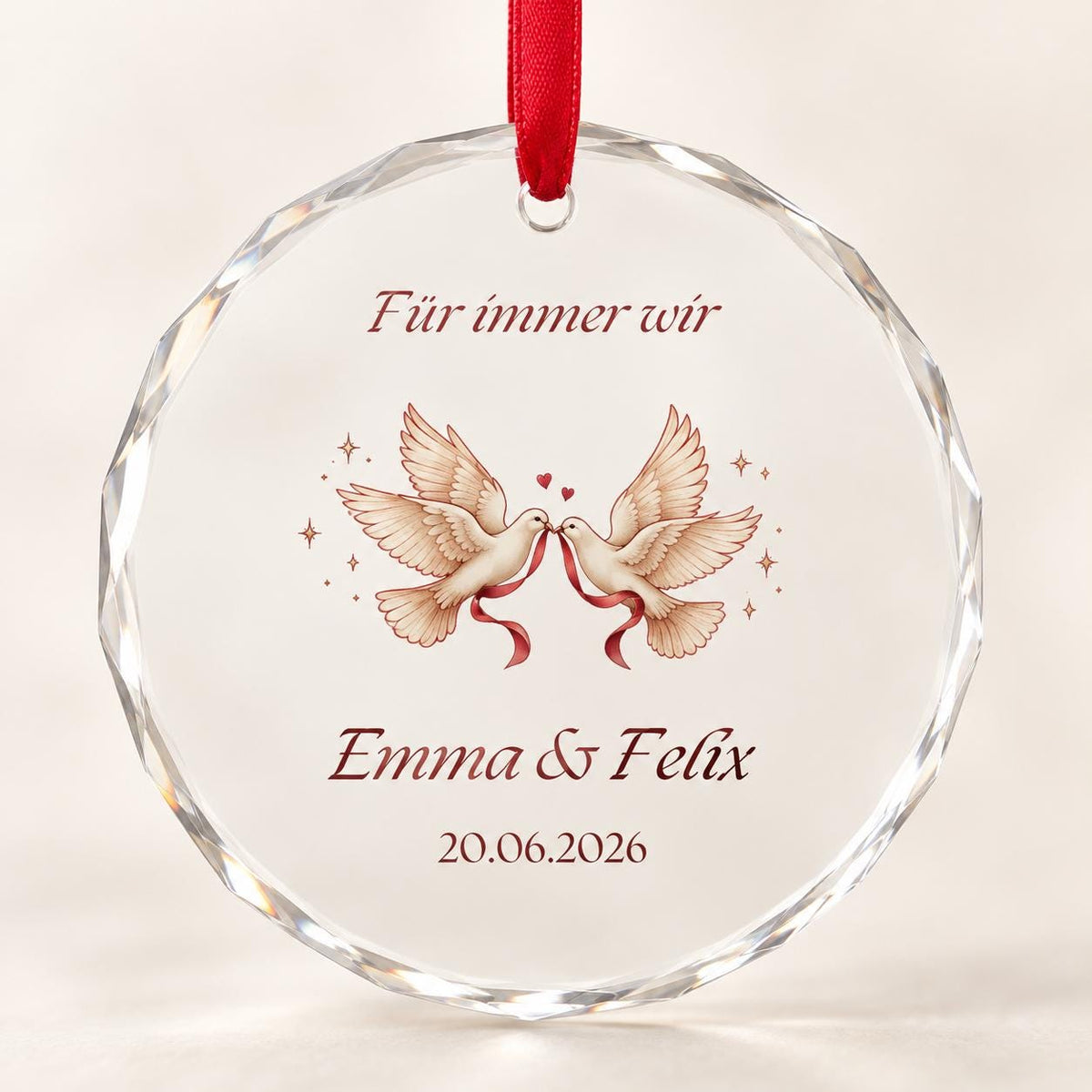 Hochzeit Glasornament personalisiert mit Namen und Datum – Tauben, Geschenk fürs Brautpaar, Hochzeitsandenken und Weihnachtsanhänger