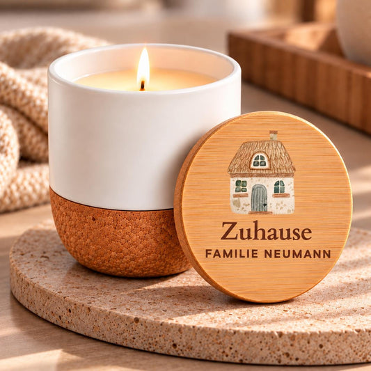 Personalisierte Duftkerze mit Familiennamen | Geschenk zum Einzug + Einweihung | Zuhause, Neues Heim | Vanille, Keramik mit Bambusdeckel