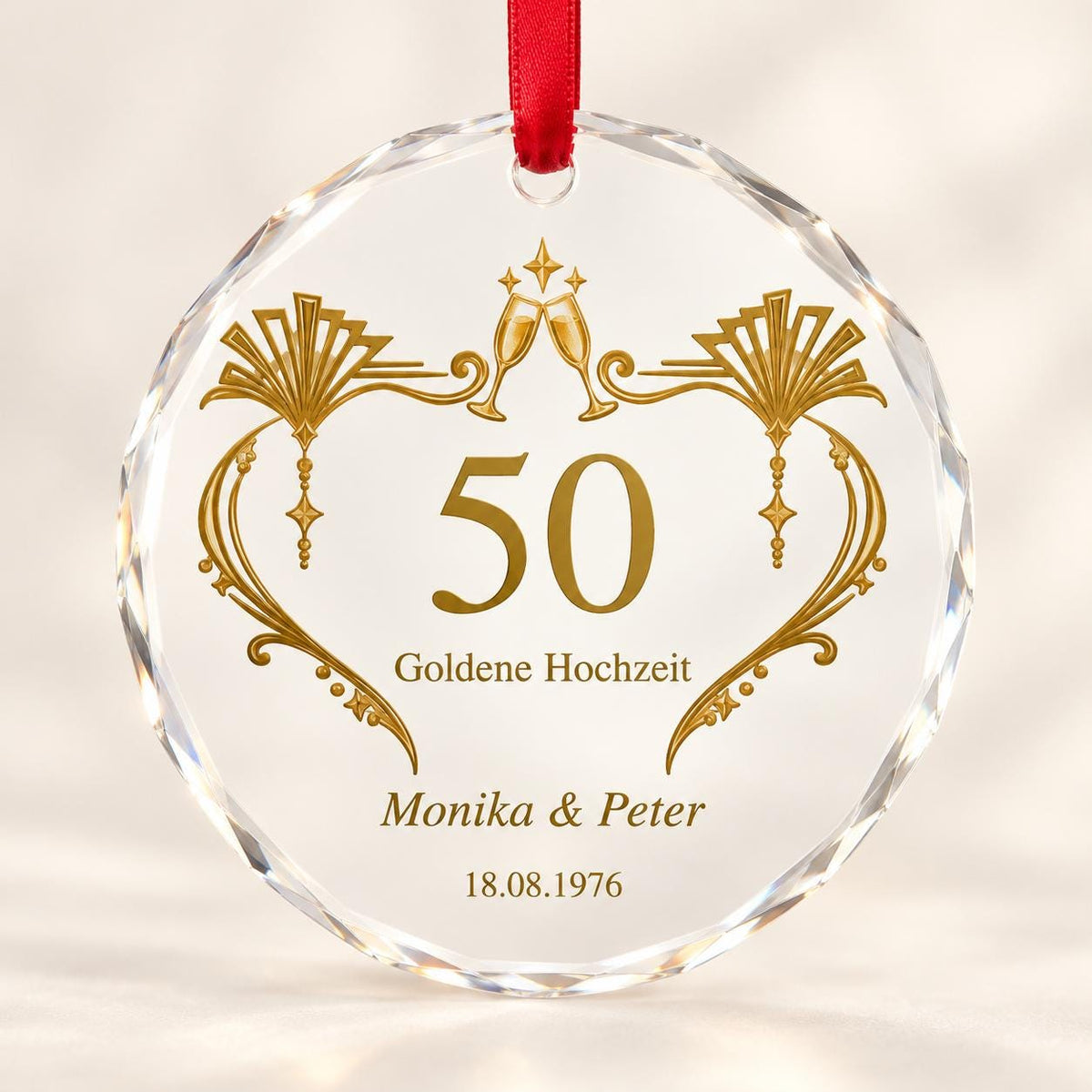 Goldene Hochzeit Glasornament personalisiert mit Namen und Datum – Geschenk zum 50. Hochzeitstag für Eltern und Großeltern, Art-Déco-Deko