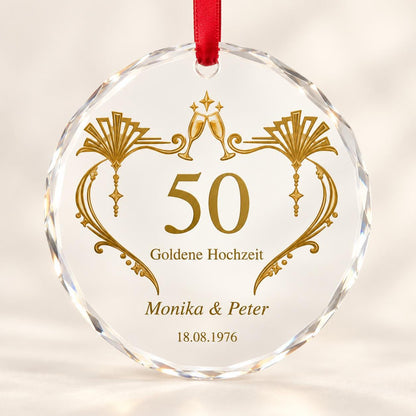 Goldene Hochzeit Glasornament personalisiert mit Namen und Datum – Geschenk zum 50. Hochzeitstag für Eltern und Großeltern, Art-Déco-Deko