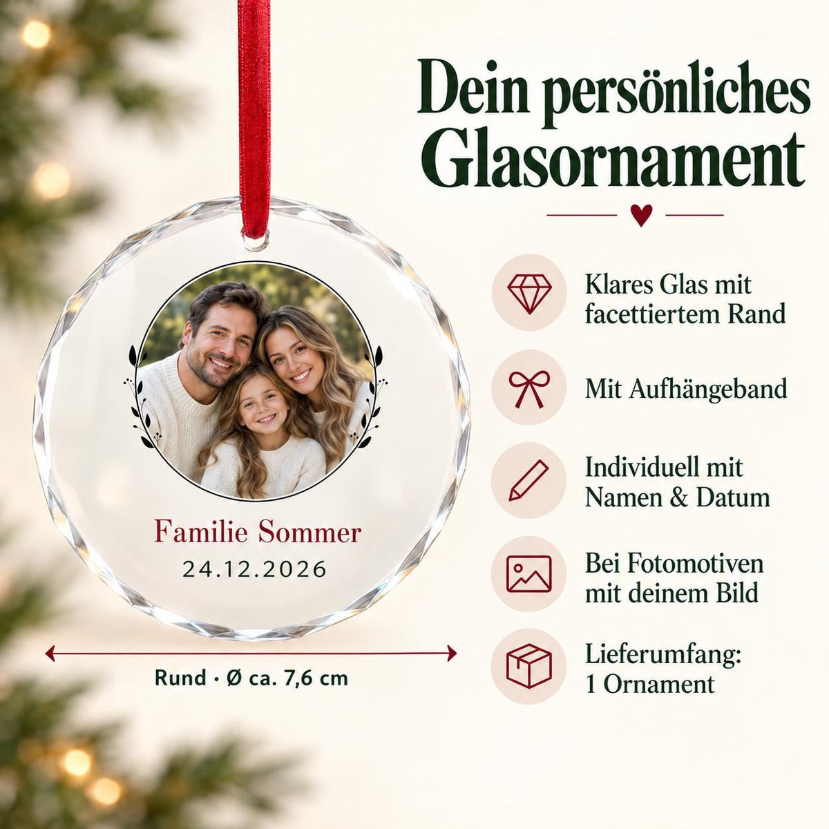 Familienfoto Glasornament personalisiert mit Foto, Namen und Datum – runder Weihnachtsanhänger, Geschenk für Eltern, Oma und Opa, Baumdeko