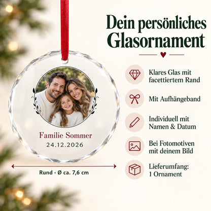 Familienfoto Glasornament personalisiert mit Foto, Namen und Datum – runder Weihnachtsanhänger, Geschenk für Eltern, Oma und Opa, Baumdeko