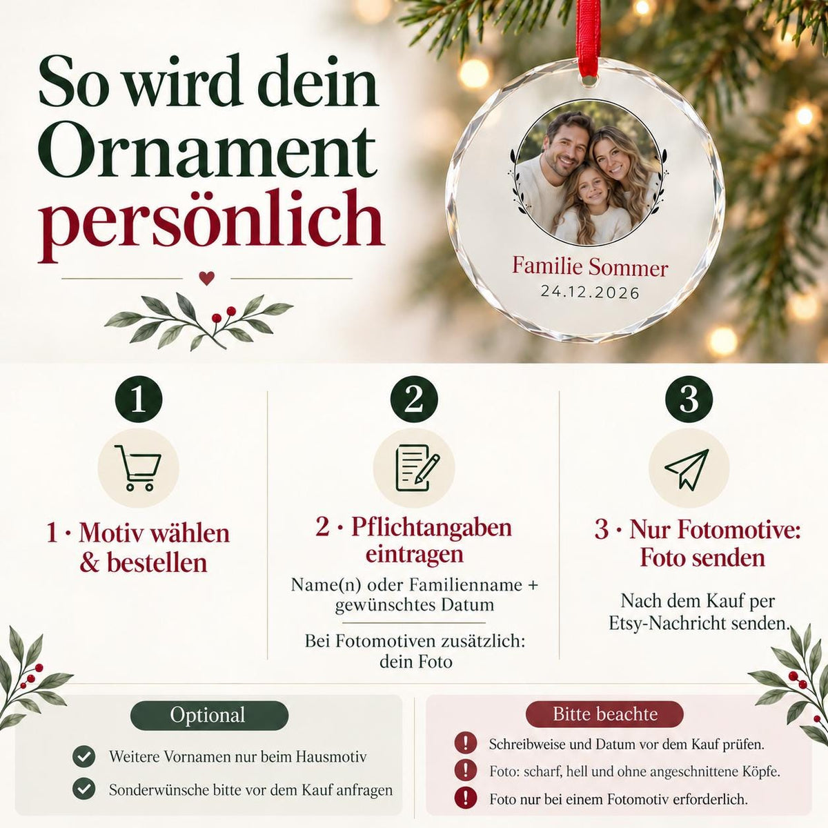 Familienfoto Glasornament personalisiert mit Foto, Namen und Datum – runder Weihnachtsanhänger, Geschenk für Eltern, Oma und Opa, Baumdeko