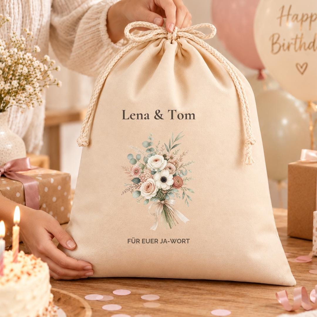 Geschenkbeutel mit Namen – personalisierte Geschenkverpackung zur Hochzeit für Brautpaar, Geldgeschenk Verpackung, Hochzeit Blumen Verlobung