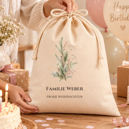 Geschenkbeutel mit Familiennamen – personalisierter Weihnachtssack, Nikolaus Geschenkverpackung für Familie, Tannenbaum Familie