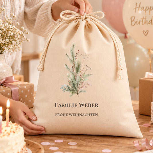 Geschenkbeutel mit Familiennamen – personalisierter Weihnachtssack, Nikolaus Geschenkverpackung für Familie, Tannenbaum Familie