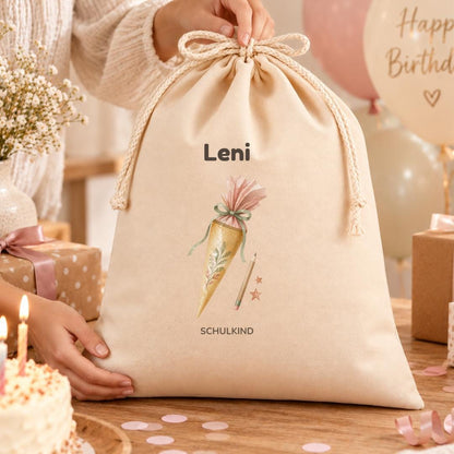 Geschenkbeutel mit Namen – personalisierte Geschenkverpackung zur Einschulung, Schulanfang Geschenk Mädchen Jungen, Schulkind Stifte
