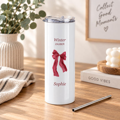 Personalisierte Thermoflasche mit Namen | Winterzauber rote Schleife | Weihnachtsgeschenk für Freundin, 570 ml Edelstahl mit Trinkhalm