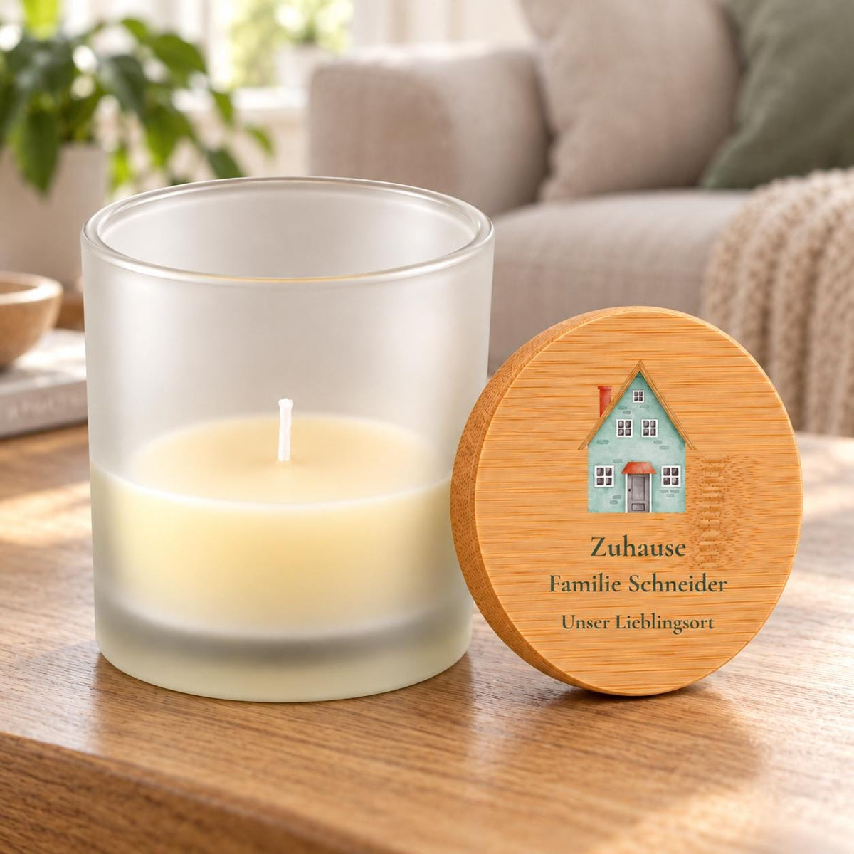 Einzug Duftkerze personalisiert mit Familienname | Einweihungsgeschenk für neues Zuhause | Hausmotiv, Vanille im Glas mit Bambusdeckel