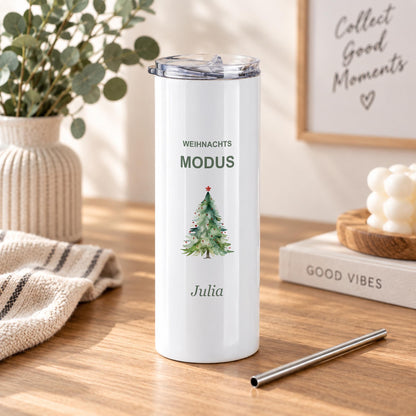 Personalisierte Thermoflasche mit Namen | Weihnachtsmodus Tannenbaum | Weihnachtsgeschenk für Kaffeefans, 570 ml Edelstahl mit Trinkhalm
