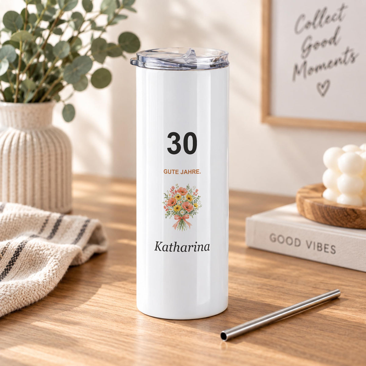 Personalisierte Thermoflasche zum Geburtstag | Blumen, Wunschalter und Name | Geschenk Freundin, 570 ml Edelstahl mit Deckel und Trinkhalm