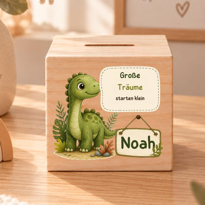 Kinderspardose aus Holz mit Name | Dino Motiv | Geldgeschenk zum Kindergeburtstag | Sparen für große Träume