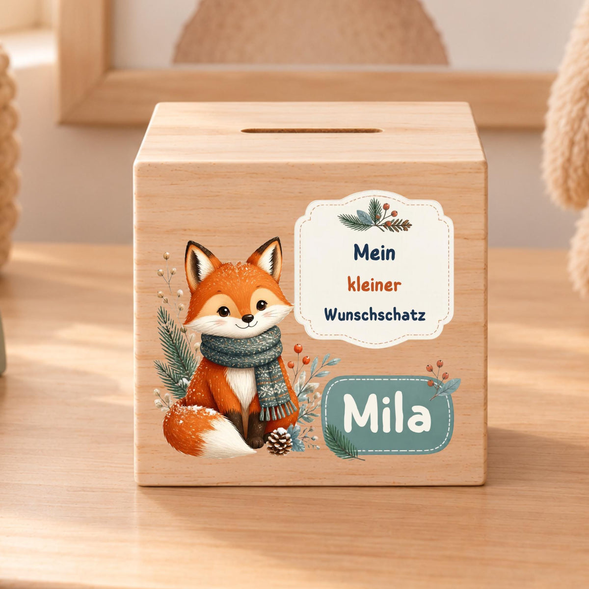Kinderspardose aus Holz mit Name | Winterfuchs Wunschschatz | Weihnachtsgeschenk für Kinder | Persönliches Geldgeschenk