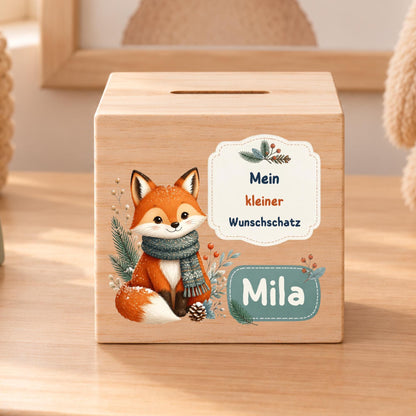 Kinderspardose aus Holz mit Name | Winterfuchs Wunschschatz | Weihnachtsgeschenk für Kinder | Persönliches Geldgeschenk