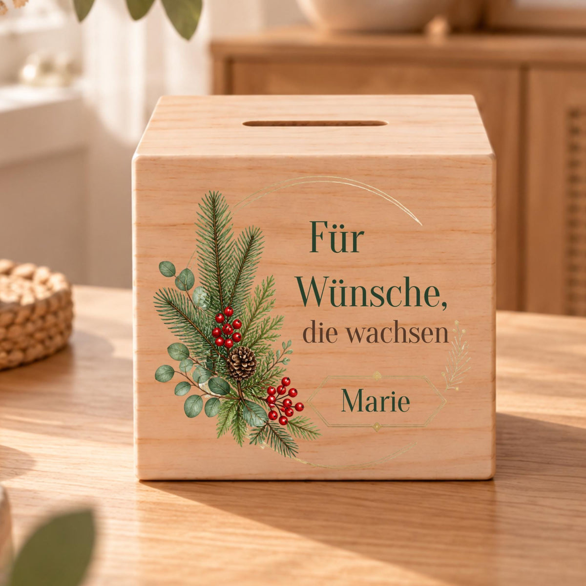 Spardose zu Weihnachten aus Holz mit Name | Tannenzweige und Beeren | Weihnachtsgeschenk für Erwachsene | Wünsche sammeln