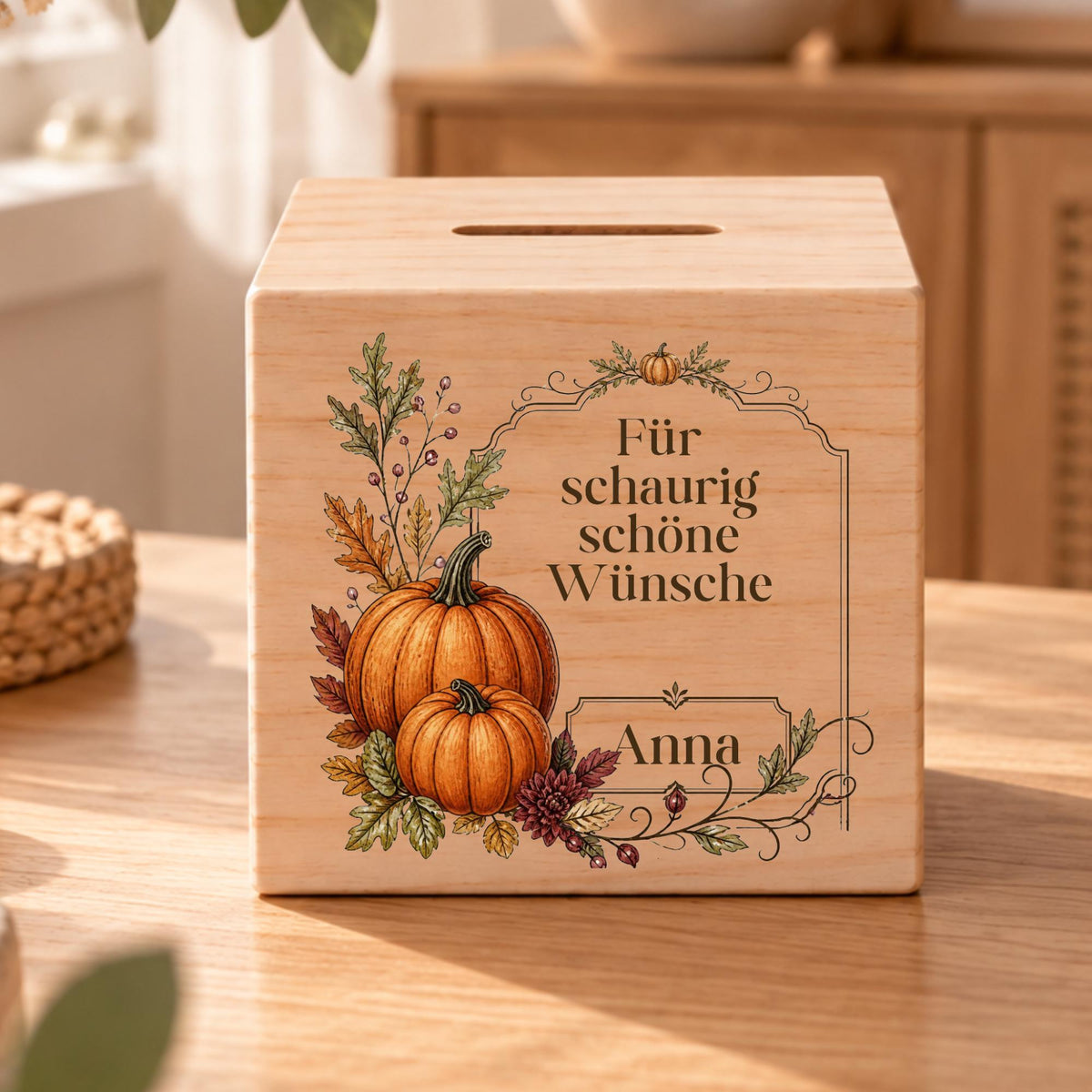 Wunschkasse aus Holz mit Name | Kürbis und Herbstblätter | Halloween Geschenk für Erwachsene | Persönliche Spardose