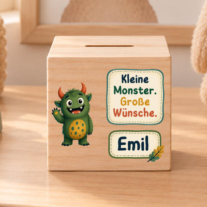 Kinderspardose aus Holz mit Name | Freundliches Monster | Halloween Geschenk für Kinder | Geldgeschenk zum Kindergeburtstag