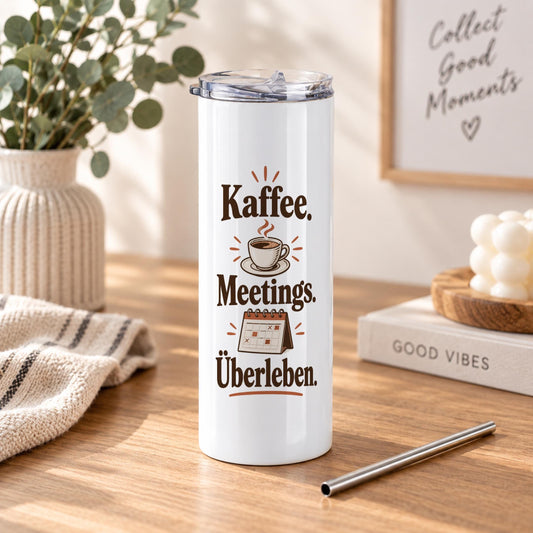 Thermobecher Kaffee Meetings Überleben | Büro Spruch Espresso Terrakotta | Kollegengeschenk Geburtstag, 570 ml Edelstahl mit Trinkhalm