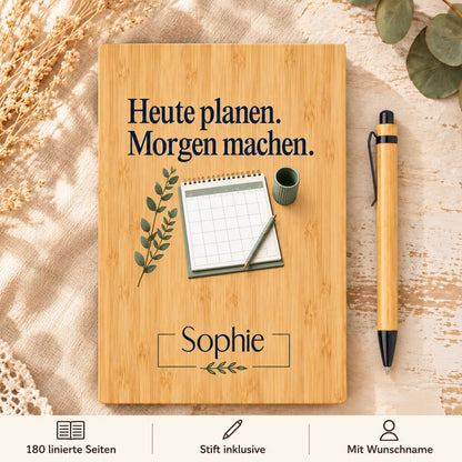 Personalisiertes Bambus Notizbuch mit Namen und Wunschtext | Planer, Journal für Notizen | Stift, linierte Seiten | Büro Kollegen Geburtstag