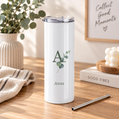 Personalisierte Thermoflasche mit Initiale und Namen | Eukalyptus Aquarell | Geburtstagsgeschenk Freundin, 570 ml Edelstahl mit Trinkhalm