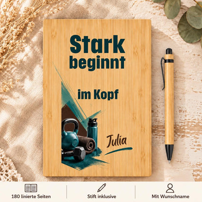 Personalisiertes Bambus Notizbuch mit Namen und Wunschtext | Fitness-Journal, Trainingstagebuch | Stift, linierte Seiten | Gym, Motivation