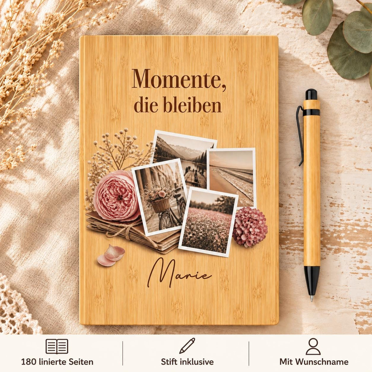 Personalisiertes Bambus Notizbuch mit Namen und Wunschtext | Tagebuch, Erinnerungen | Stift, linierte Seiten | Freundin, Familie, Geburtstag