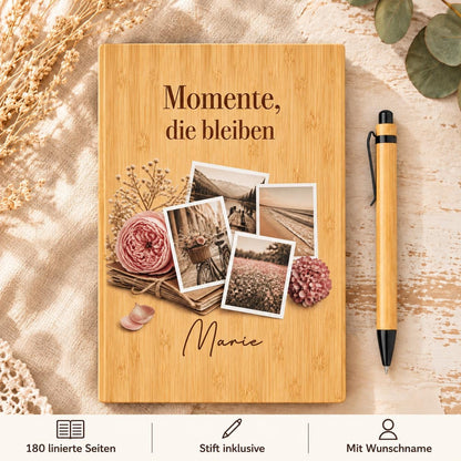 Personalisiertes Bambus Notizbuch mit Namen und Wunschtext | Tagebuch, Erinnerungen | Stift, linierte Seiten | Freundin, Familie, Geburtstag