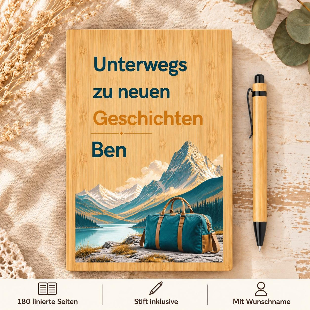 Personalisiertes Bambus Notizbuch mit Namen und Wunschtext | Reisetagebuch, Urlaubsplaner | Stift, linierte Seiten | Reise Wandern Abenteuer