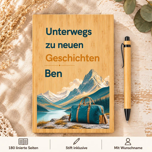 Personalisiertes Bambus Notizbuch mit Namen und Wunschtext | Reisetagebuch, Urlaubsplaner | Stift, linierte Seiten | Reise Wandern Abenteuer