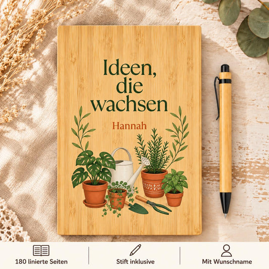 Personalisiertes Bambus Notizbuch mit Namen und Wunschtext | Garten-Tagebuch, Pflanzennotizen | Stift, linierte Seiten