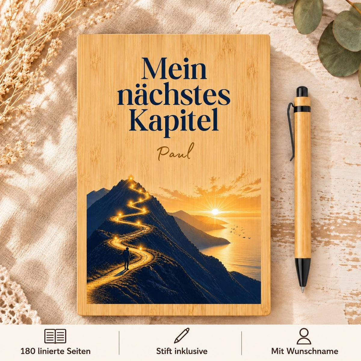 Personalisiertes Bambus Notizbuch mit Namen und Wunschtext | Mindset-Tagebuch, Ziele & Gedanken | Stift, linierte Seiten