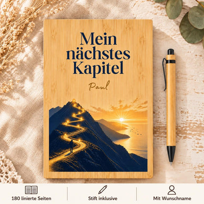 Personalisiertes Bambus Notizbuch mit Namen und Wunschtext | Mindset-Tagebuch, Ziele & Gedanken | Stift, linierte Seiten