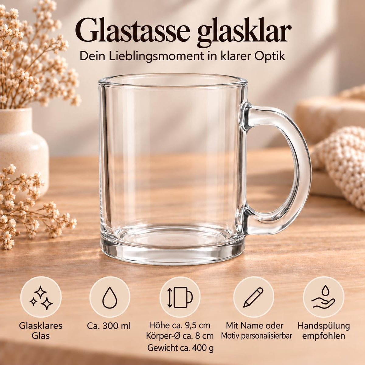Kinder Glastasse personalisiert mit Namen, Fuchs mit blauem Schal, klar oder satiniert 300 ml, Geschenk Fuchsfans, Geburtstag Kakaopause