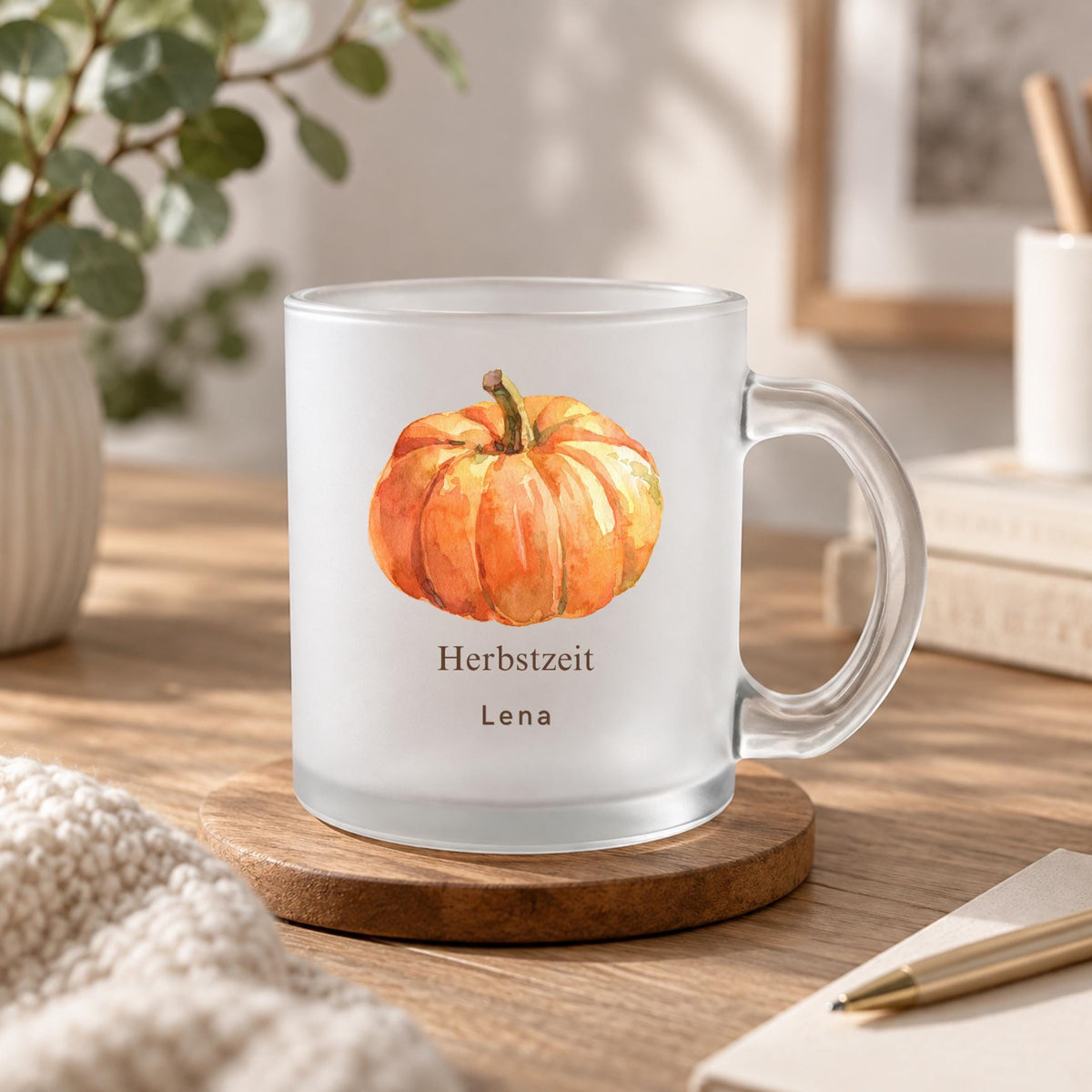 Glastasse personalisiert Herbstzeit mit Namen, Kürbis Aquarell, satiniert 300 ml, Herbstgeschenk, Geburtstag Freundin Halloween Freundin