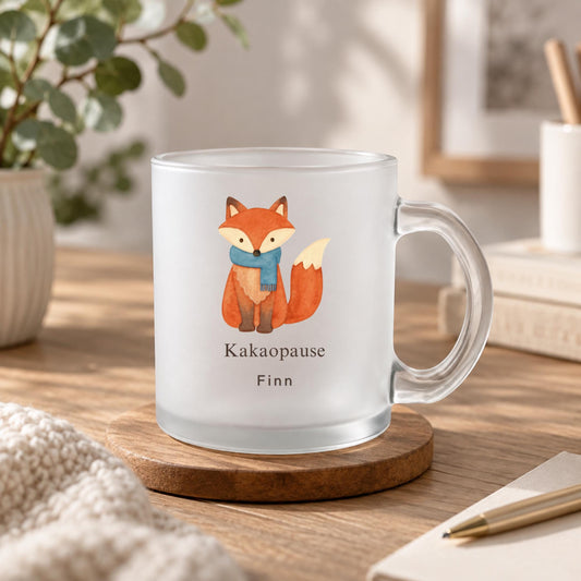 Kinder Glastasse personalisiert mit Namen, Fuchs mit blauem Schal, klar oder satiniert 300 ml, Geschenk Fuchsfans, Geburtstag Kakaopause